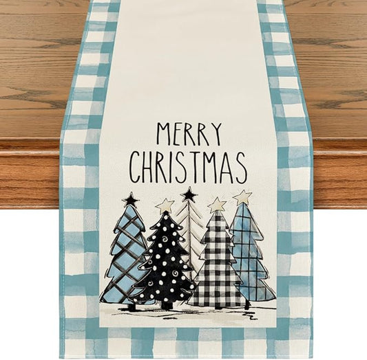 Artoid Mode Bule Watercolor Buffalo Plaid Christmas Trees Merry Xmas Table Runner, Seasonal Winter Holiday Kitchen Dining Table Decoration for Indoor Outdoor Home Party Decor 13 x 108 Inch