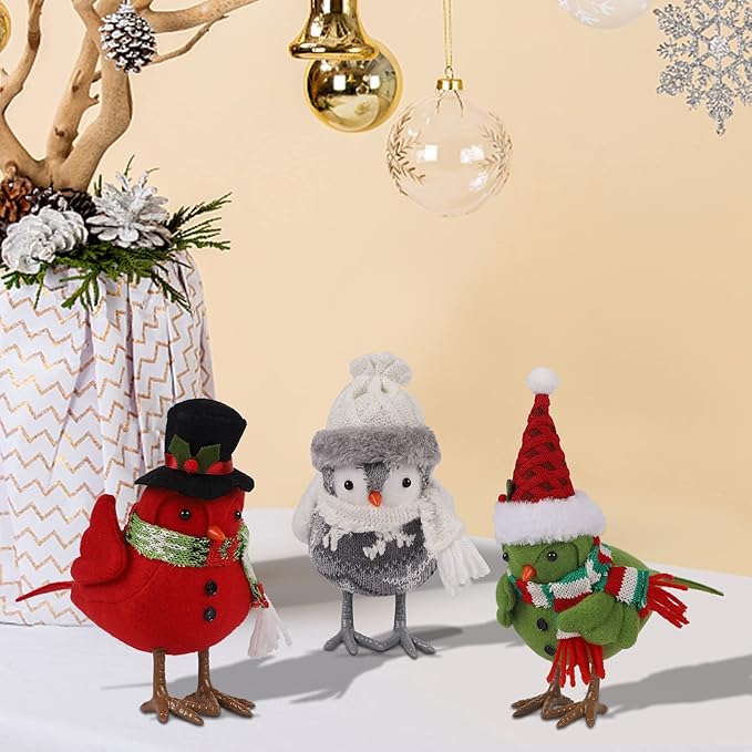 Prsildan Christmas Table Decorations Birds, Set of 3 Christmas Bird Figurine Table Top Decor, Green Red Gray Xmas Birds Ornaments for Winter Home Kitchen Fireplace Mantel Holiday Party