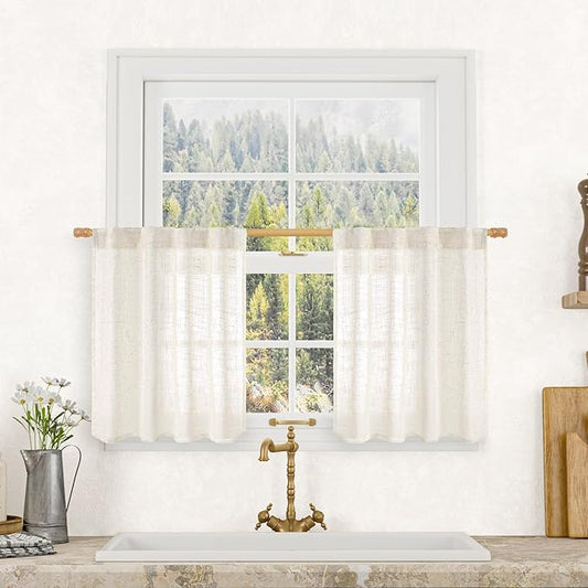 LAMIT Kitchen Semi Sheer Linen Curtains 24 Inch Long, Light Filtering Panels Back Tab and Rod Pocket Neutral Drapes for Cafe/Bathroom/Small Window, Cream, 2 Panels, 34 x 24 Inch