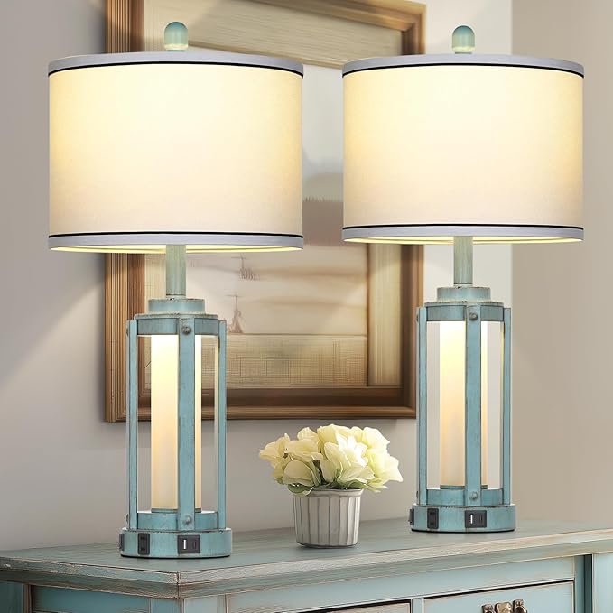 Table Lamp for Living Room, Vintage Rustic Industrial Farmhouse Lamps with USB A+C Charging Ports & AC Outlet, Beside Nightstand Metal Lamp with LED Night Light & Fabric Shade for Bedrooms