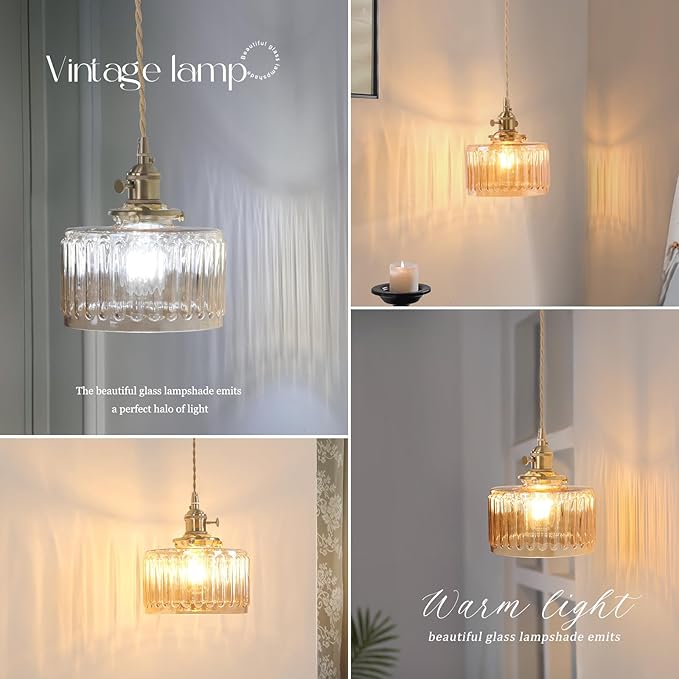 Vintage Wall Sconce Wall Lamp with Amber Striped Shade Pattern Glass Adjustable Chain Retro Gold Wall Mounted Light, Modern Wall Lamp Fixtures Decor for Bedside Bedroom Indoor Doorway