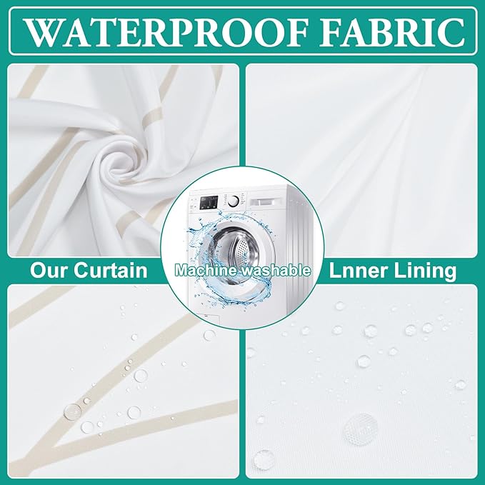 No Hook Beige Khaki Striped Long Shower Curtain with Snap in Fabric Liner Set - Hotel Shower Curtain and Liner Set with See Through Mesh Top Window,Machine Washable, 71x86 INCH