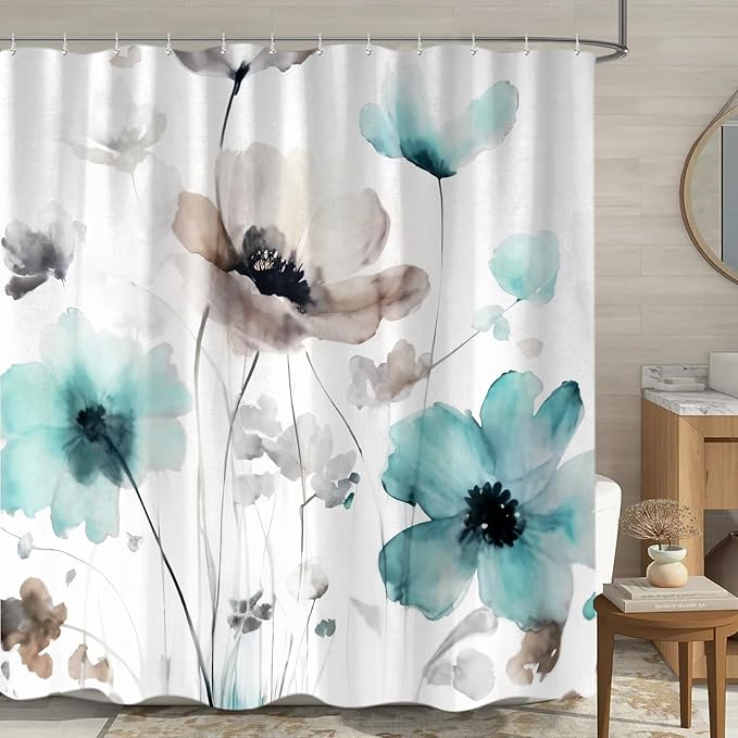 Boho Floral Shower Curtain, Cream Tan Beige Teal Grey White Flower Farmhouse Fabric Shower Curtains Set for Bathroom Decorative with Hooks 72 X 72 inch Spring Bath Decor