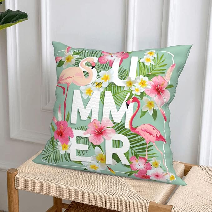 Summer Flamingo Decorative Throw Pillow Covers 18 x 18 Set of 4, Pink Bird Tropical Palm Leaves Flower Porch Patio Pillowcase, Beach and Blue Sky Pattern Cushion Case Decor