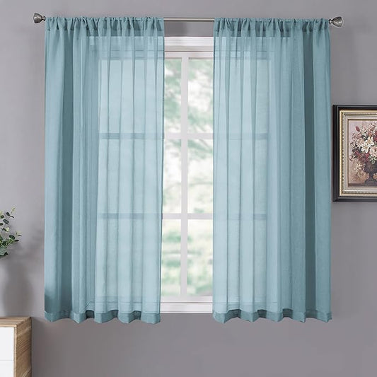 Tollpiz Short Sheer Curtains Linen Textured Bedroom Curtain Sheers Light Filtering Rod Pocket Voile Curtains for Living Room, 54 x 45 inches Long, Dusty Blue, Set of 2 Panels