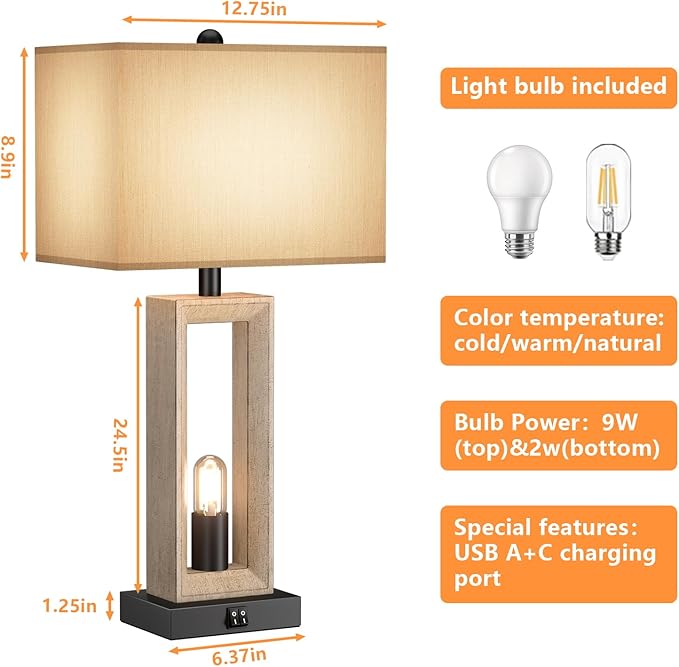 Table Lamps for Living Room,Modern Farmhouse Decor Lamps with USB A+C Port & Nightlight,25" Rustic 3-Way Dimmable Bedside Lamps,Oat Shade Touch Nightstand Lamp for Bedroom,2 LED Bulbs