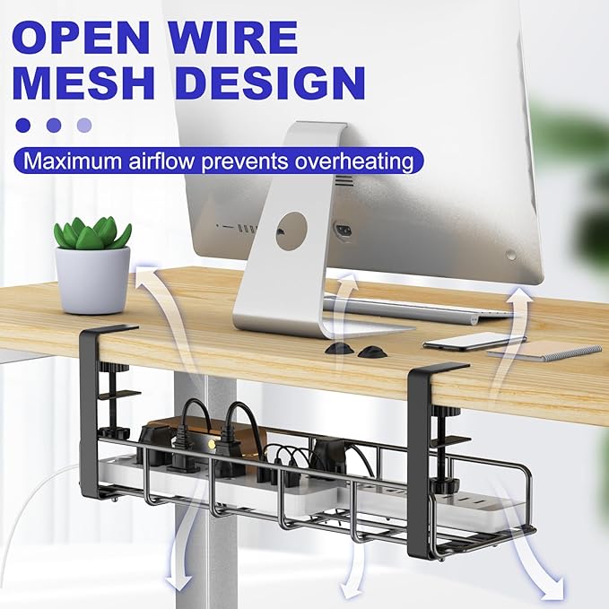 Under Desk Cable Management Tray, 31.5'' No Drill Steel Cable Tray Organizers, Wire Management Tray Cable Rack with Clamp Mount, Metal Under Desk Tray with Wire and Cord Organizer