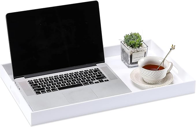 Glossy White Acrylic Serving Tray with Handles-Lucite Tray for Ottoman,Coffee Table, Breakfast, Tea, Food, Butler - Decorative Tray (10x15x2H Inch with, White)