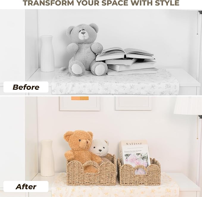 KOKODO Set of 2 Scalloped Wicker Baskets – Handwoven Sqaure Seagrass Storage Baskets with Handles for Organizing, Bathroom, Living Room & Shelf Décor – Decorative Rattan Organizing Bins