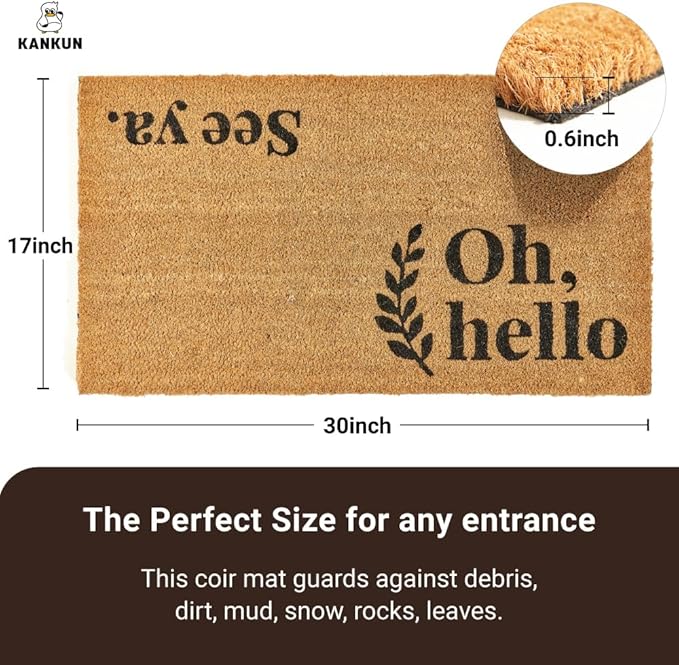 KANKUN Coco Coir Door Mat with Heavy Duty Backing, Welcome Doormat (17" x 30"), Doormat Entrance (Welcome Oh Hello)