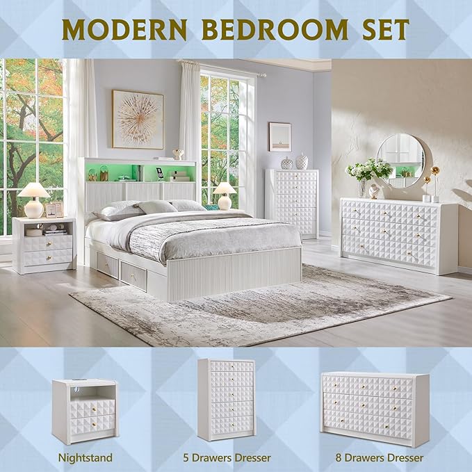 Modern Nightstand with Charging Station, Wood End Table w/2 Storage Drawers and Open Shelf, Mid Century Modern Bedside w/Diamond Panel Decorate for Bedroom, Curved Profile Design, White