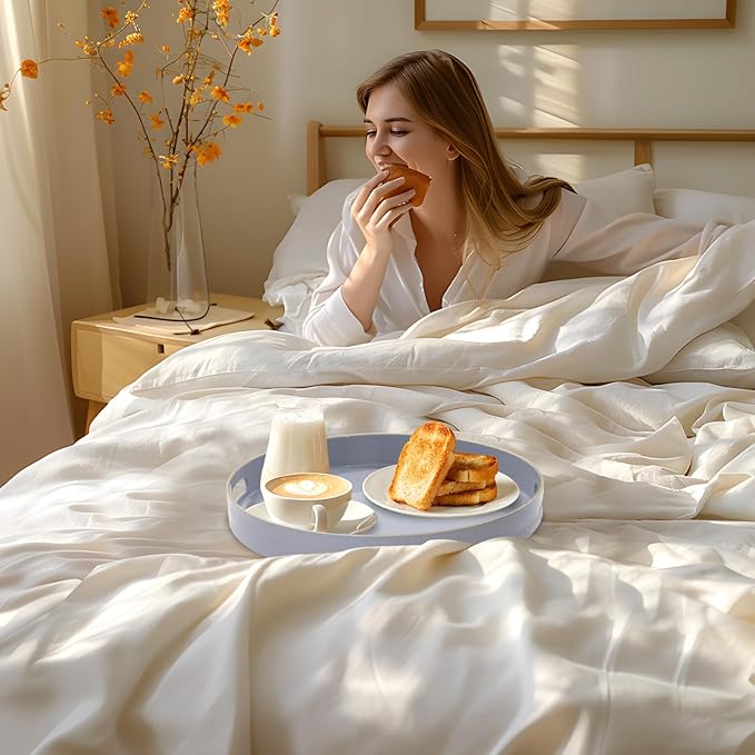 MAONAME 13" Gray Round Tray, Grey Serving Tray with Handles, Modern Round Decorative Trays for Coffee Table, Plastic Trays for Ottoman, Bathroom, Decor