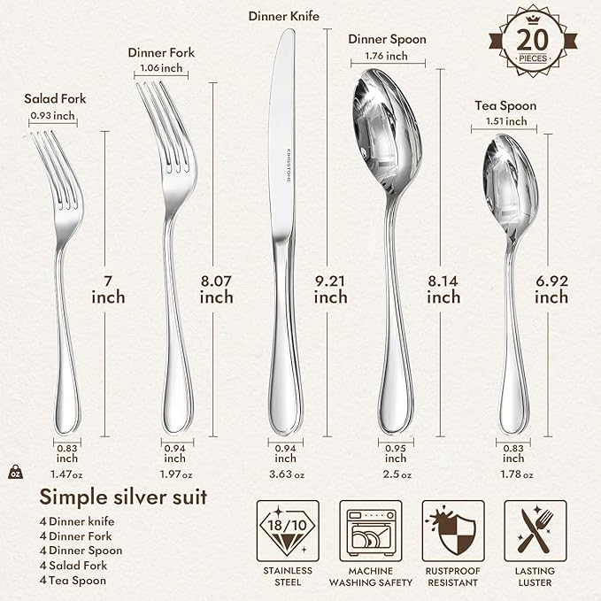 KINGSTONE 20 Piece Teardrop Silverware Set for 4, 18/10 Stainless Steel Flatware Set, Modern Design Cutlery Set for Home/Hotel/Wedding,Mirror Polished and Dishwasher Safe