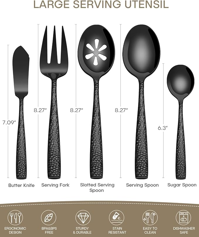 Stainless Steel Large Serving Utensils with Hammered Serving Spoon, Slotted, Serving Fork,Butter Knife,Sugar Spoon Hostess Black Serving Utensil Set for Parties,Buffet,Dishwasher Safe