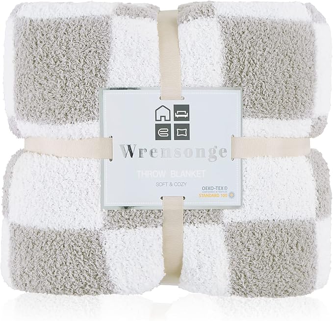 WRENSONGE Checkered Throw Blanket, Light Grey Soft Cozy Fluffy Warm Hand Made Throw Blankets for Couch, Sofa, Chair, Bed, Camping, Picnic, Travel Lightweight Bed Blanket - 60 * 80