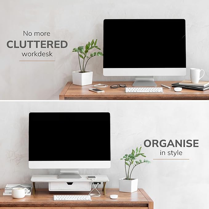 Anji Mountain Monitor Stand - Desktop Organizer & Laptop Riser, Ergonomic Monitor Riser, Space-Saving Monitor Stand for Desk, Durable Construction, Easy Assembly, Ideal for Home & Office,White Wash