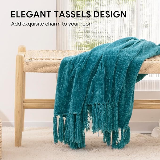 RECYCO Throw Blanket Soft Cozy Chenille Throw Blanket with Fringe Tassel for Couch Sofa Chair Bed Living Room (Teal, 50'' x 60'')