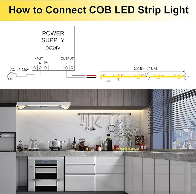 LED Strip Lights 32.8FT,Dimmable cob led Strip with Adapter and Remote,Superbright 24V led Tape,CRI90+,2700K Warm White led Strips,Indoor Perfect for Cabinet,Room,Kitchen,TV,Mirror