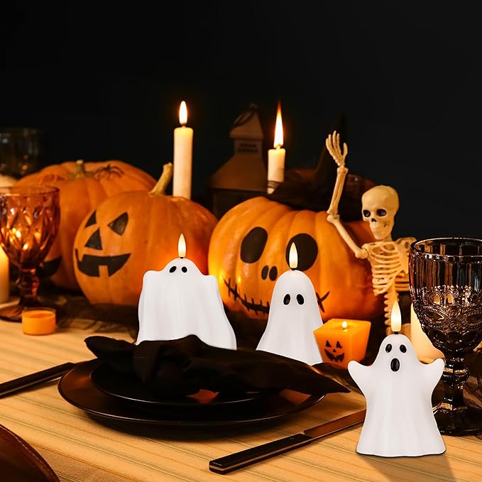 Halloween Flameless Candles with Remote, Real Wax Ghost LED Candles, Flickering Battery Operated Fake Candle, Halloween Decorations for Table,Fireplace, Home, Party, Festival Decor (Set of 3)