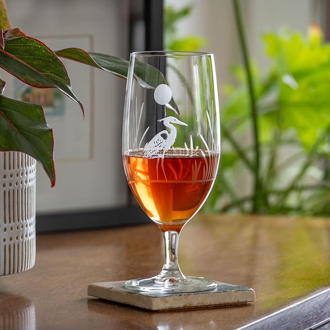 Rolf Glass Heron Footed Iced Tea Glass | 16oz Set of 4 Glasses | Lead-Free Diamond-Wheel Engraved Glass | Made in the USA
