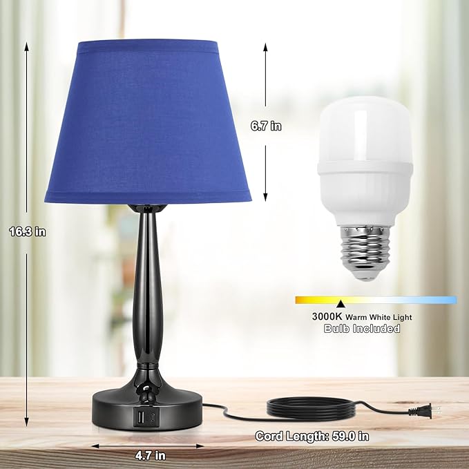 Kakanuo Touch Bedside Lamp for Bedroom with USB C Port, Small Touch Table Lamp with 2 USB Charging Ports, 3 Way Dimmable Nightstand Lamp for Living Room and Office - Royal Blue (LED Bulb Included)