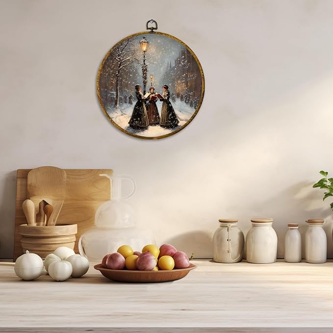 CUANFDDSF Christmas Women Reading Book Round Wall Art, Vintage Christmas Street Scene Framed Hanging Wall Decor, Xmas Bookish Canvas Prints Decorations for Library Reading Room Bedroom, 10x10 Inch