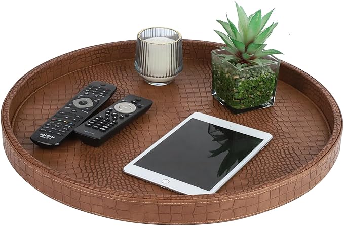 HofferRuffer Round Serving Tray 20'', Elegant Faux Leather Circle Ottoman Table Tray, Serve Tea Coffee Breakfast in Bedroom Living Room Kitchen (Brown)