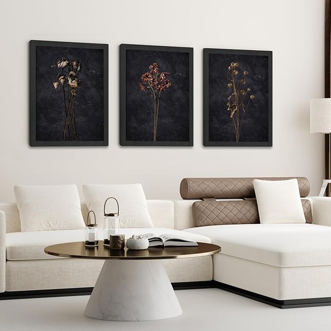 arfitest Vintage Flower Wall Art Dark Moody Wildflower Wall Decoration Minimalist Wildflower Frame Wall Decoration 12''x16'' Inch Set of 3 Black Photo Frames