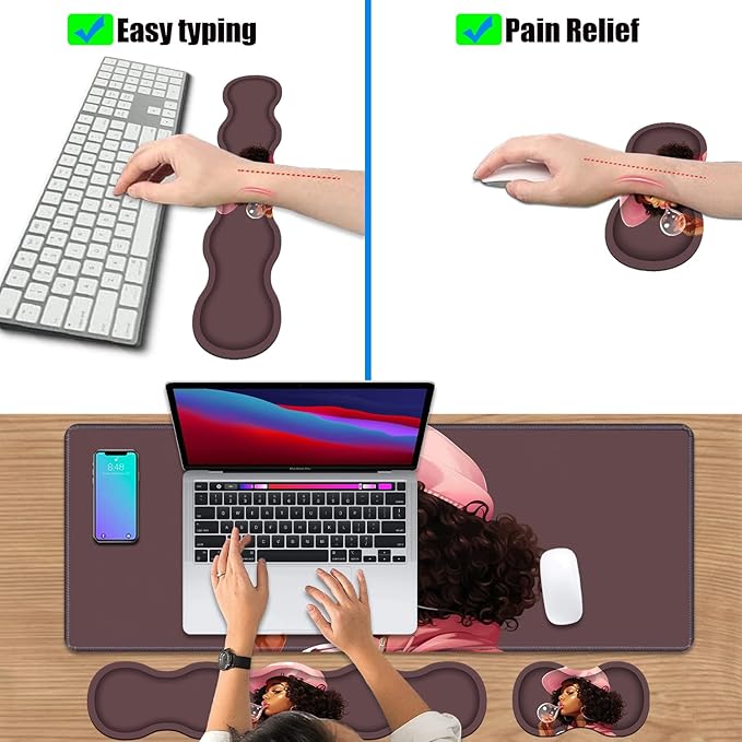 4 in 1 Ergonomic Keyboard Wrist Rest & Mouse Pad Wrist Rest Set, Large XXL Gaming Desk Mat 31.5"x 11.8" with Non-Slip Base, Memory Foam for Home Office Study Gaming, African American Black Girl