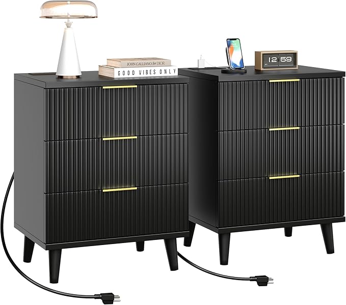 Fluted Night Stand Set of 2 with USB Charging Station, 3-Drawer Dresser Black Wood Moden Night Stand Bedside Table with Quiet Drawers & Large Storage End Table for Bedroom