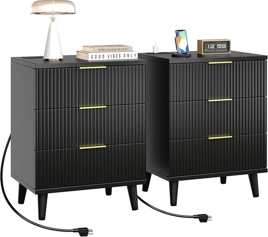Fluted Night Stand Set of 2 with USB Charging Station, 3-Drawer Dresser Black Wood Moden Night Stand Bedside Table with Quiet Drawers & Large Storage End Table for Bedroom