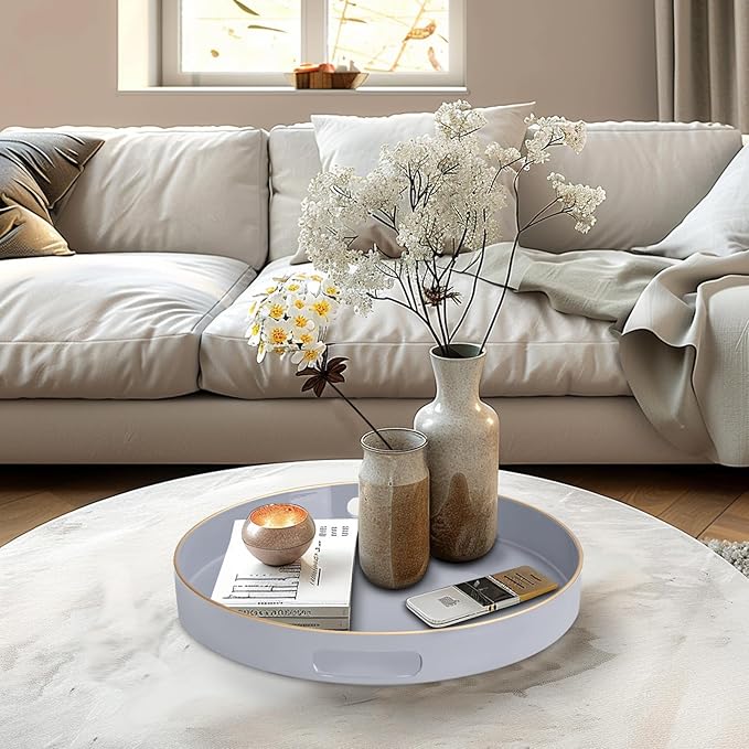 MAONAME 13" Gray Round Tray, Grey Serving Tray with Handles, Modern Round Decorative Trays for Coffee Table, Plastic Trays for Ottoman, Bathroom, Decor