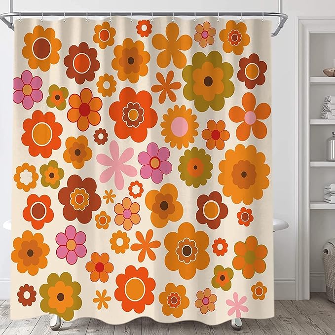 Retro Flowers Shower Curtain, Groovy Brown Orange Sun Flower Vintage 70s Fabric Shower Curtains Set for Bathroom Funky Hippie 1970 Boho Yellow Floral Decoration with Hooks 72 X 83 inch Bath Decor