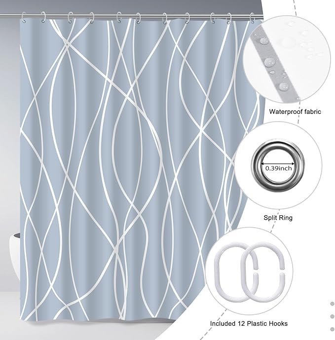 Punkray Light Blue Shower Curtain for Bathroom with Hooks, Shower Curtain Set, White Stripe Bath Curtains Decorative Shower Curtains Water Repellent Washable, 72 x 72