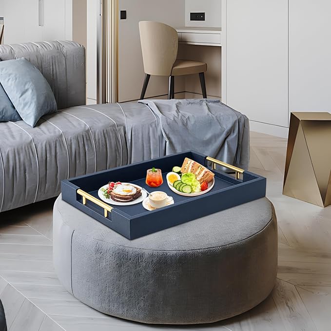 Navy Blue Faux Leather Serving Tray with Handles – Large Decorative Tray for Coffee Table, Ottoman, Living Room, Bathroom – Home Decor