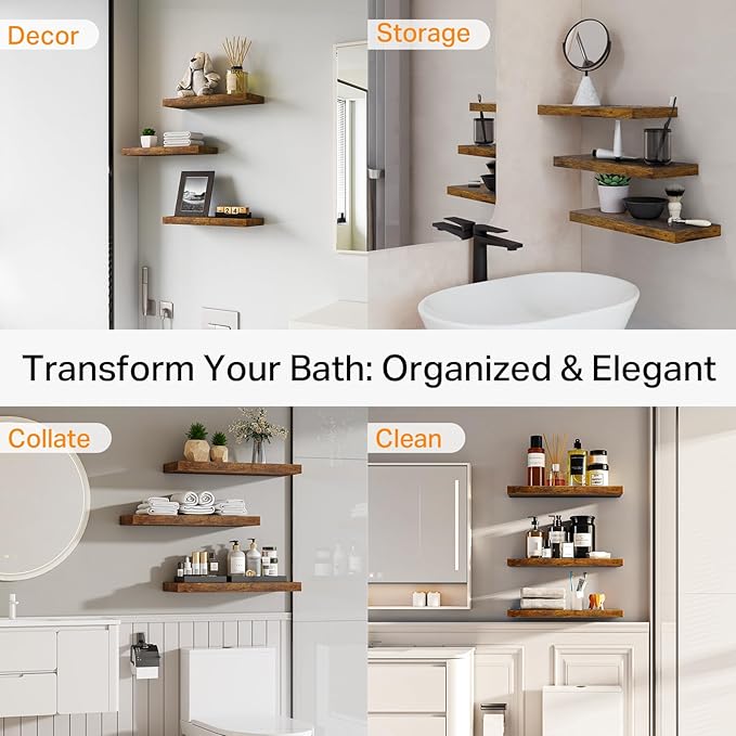 BAYKA Floating Shelves Bathroom for Wall – Shelf Over Toilet Farmhouse Rustic Wood for Bedroom, Kitchen, or Living Room Decor Organization, Halloween Decor Shelves – Rustic Brown, Set of 3