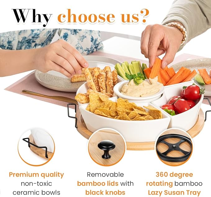 Chip & Dip Serving Set | Appetizer Set With Rotating Bamboo Lazy Susan Tray| White Ceramic Bowls With Bamboo Lids | Black Handle Tray | 11.22” Round Party Platter | Giftable