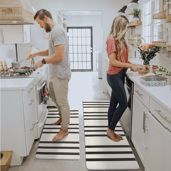FRESHMINT Farmhouse Stripe Anti-Fatigue Kitchen Mat Set of 2, Cushioned Foam Kitchen Mats for Floor, Waterproof Non Slip Comfort Mat, Modern Kitchen Rug for Kitchen Decor, Sink, Laundry, Office