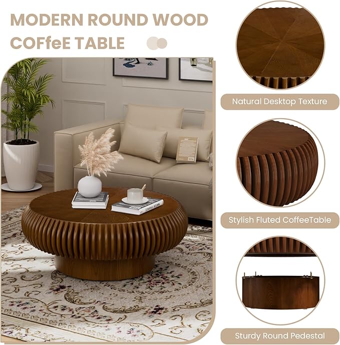Fluted Drum Coffee Table Round Coffee Table for Living Room Mid Century Modern Coffee Tables with Sturdy Pedestal Circle Center Tea Table Accent Tea Table for Small Space Apartment (31.5" Walnut)
