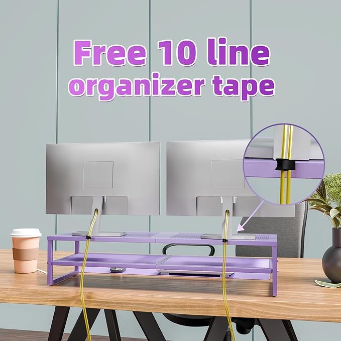 Simple Trending 2 Tier Metal Dual Monitor Stand Riser, Computer Office Desktop Organizer for 2 Monitors with 32"x10" Mouse Pad for Laptop, Printer, TV, Purple