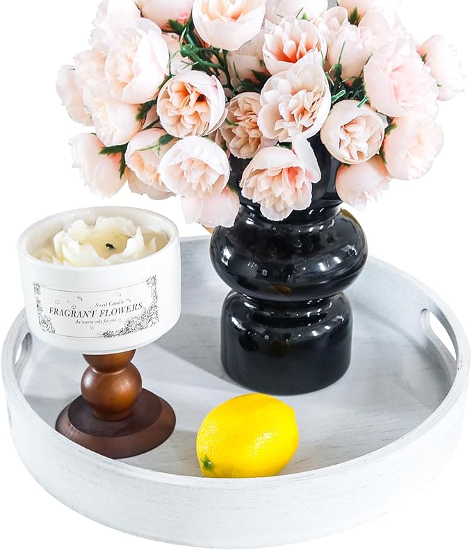 Round Decorative Tray,Wooden Serving Tray with Handles, 11.8in White Decorative Trays for Coffee Table,Kitchen Counter,bandejas decorativas
