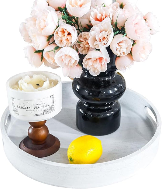 Round Decorative Tray,Wooden Serving Tray with Handles, 11.8in White Decorative Trays for Coffee Table,Kitchen Counter,bandejas decorativas