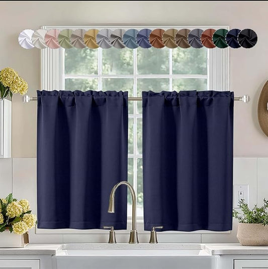 Aiyufeng Navy Blue Short 36 Inches Blackout Curtain 2 Panels Set, Half Window Rod Pocket Privacy Curtain Tiers for Kitchen, Curtains Blackout for Bathroom Shades, W40 x L36 Inch, Navy Blue