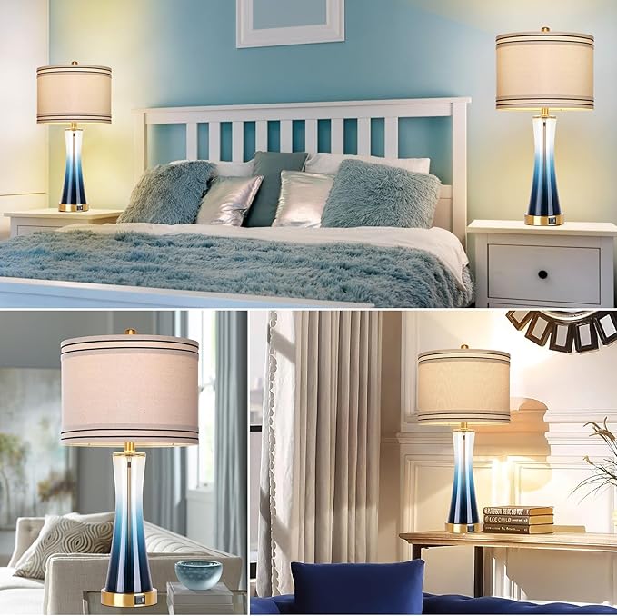 27.4''Table Lamps for Living Room Set of 2，3-Way Dimmable Modern Glass Bedside Lamps with USB Ports，Tall Lamps for Night Stands，Touch End Table Lamps for Bedroom Desk Lamps for Home Office（Blue）