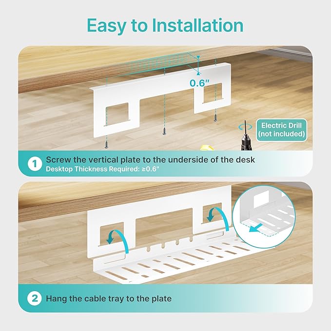 Under Desk Cable Management Tray, 15.7 Inches Metal Cord Organizer Rack, Desk Tray for Power Strip, Cord, Wire, Easy Mounting Cable Management Under Table for Home Office, White