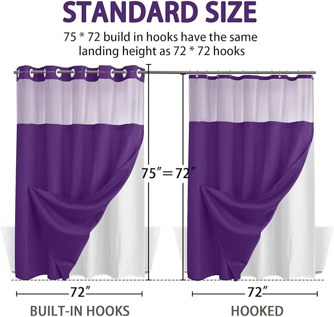YellyHommy No Hook Shower Curtain with Snap in Liner Set Less Time Waffle Shower Curtain for Bathroom 75" L x 72" W Deep Purple