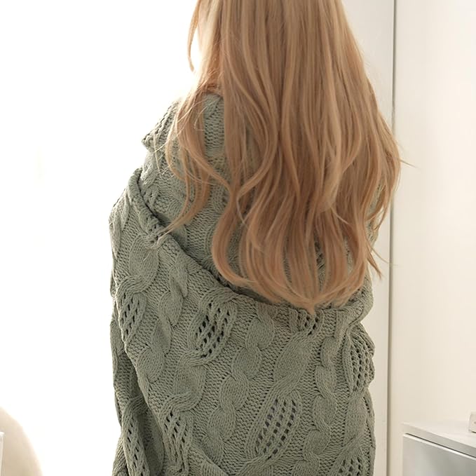 Amélie Home Chunky Knit Throw Blanket, Dual-Sided Soft Chenille Breathable Cable Knitted Blanket for Couch, Farmhouse Decorative Throw for Sofa & Chair, 50"x60", Sage Green