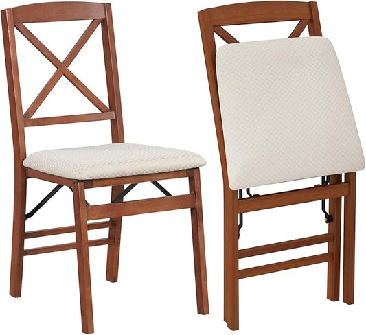 COSTWAY Folding Dining Chairs Set of 2, Upholstered Wooden Dining Room Chairs with X-Shaped Back, 400LBS Capacity and Solid Wood Frame for Kitchen Apartment (Brown & Beige)