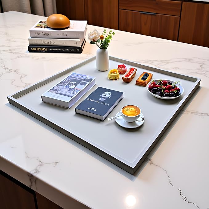 30 * 30 Inch Rectangular Ottoman Tray | Textured PU Leather, Waterproof & Heat-Resistant Storage for Coffee/Dining Tables, Sofa, Bed, Entertainment & Party (Tranquil Beige, 30 * 30in)