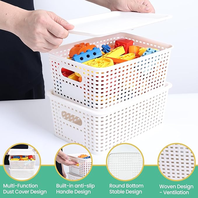 Plastic Storage Baskets with Lid - Plastic Storage Containers Stackable Storage bins: Storage Baskets for Organizing Shelves Drawers Desktop Closet Playroom Classroom Office, 8 Pack-White